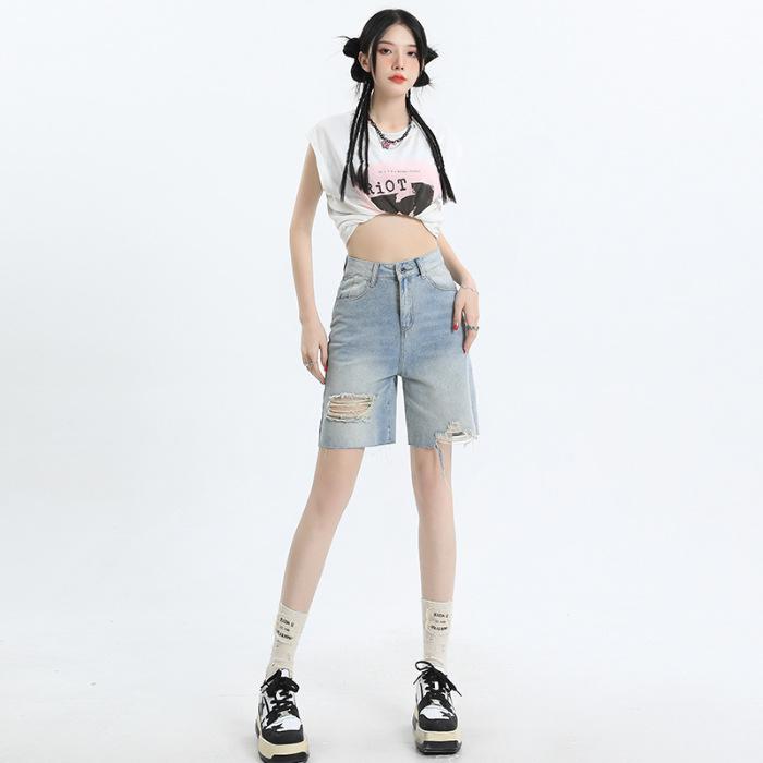 

Женские неэластичные рваные джинсовые шорты для весенне-летних трендов 2XL светло-синий