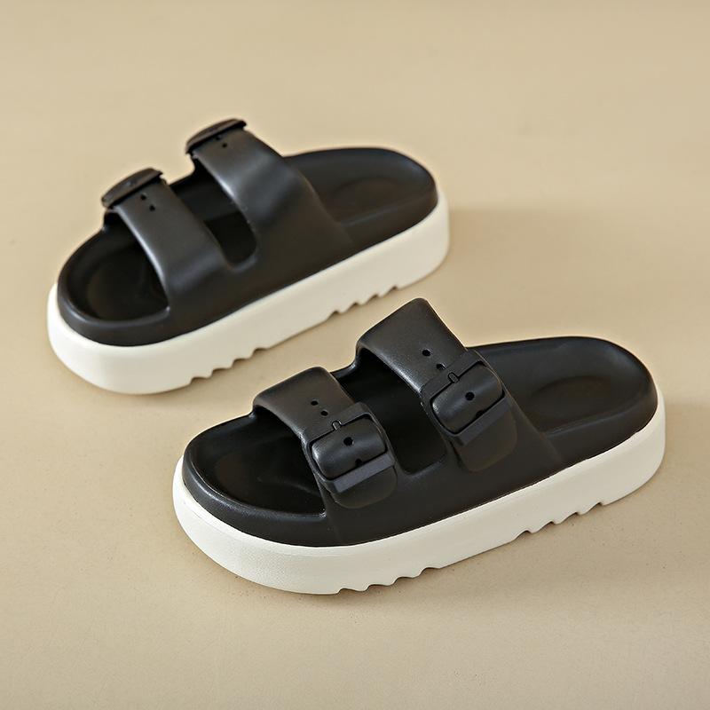 Thick Soled Height Increasing Slippers for Women In Summer, Two Tone Slippers for Outdoor Wear, Trendy Beach Anti Slip, Double Button, Straight Drag