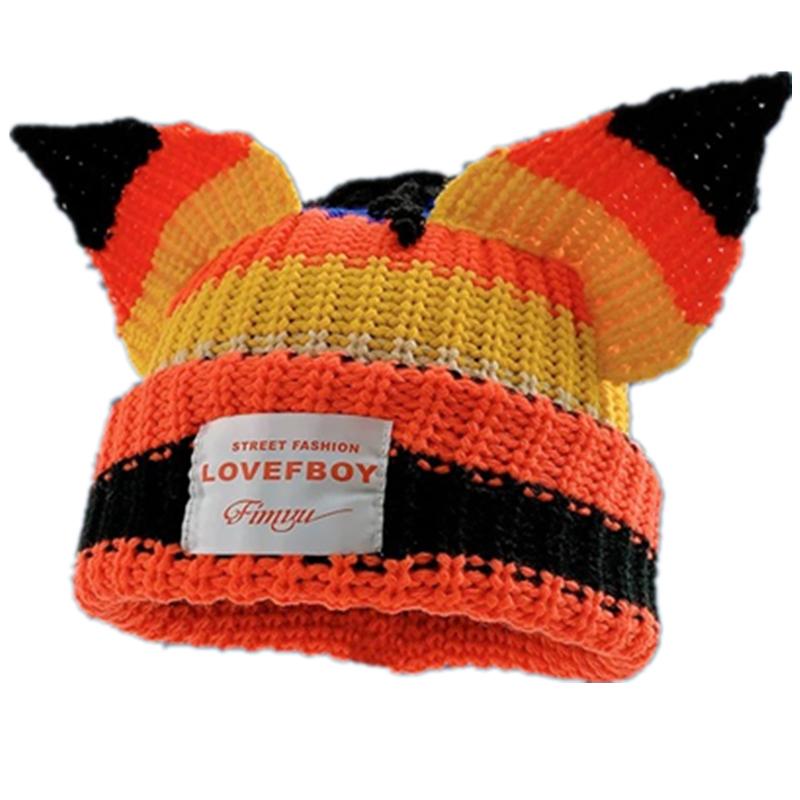 

Женская зимняя шапка-бини в стиле Y2K, уличная многоцветная шапка крупной вязки с кошачьими ушками, толстая теплая универсальная вязаная шапка с ушками 56cm-60cm