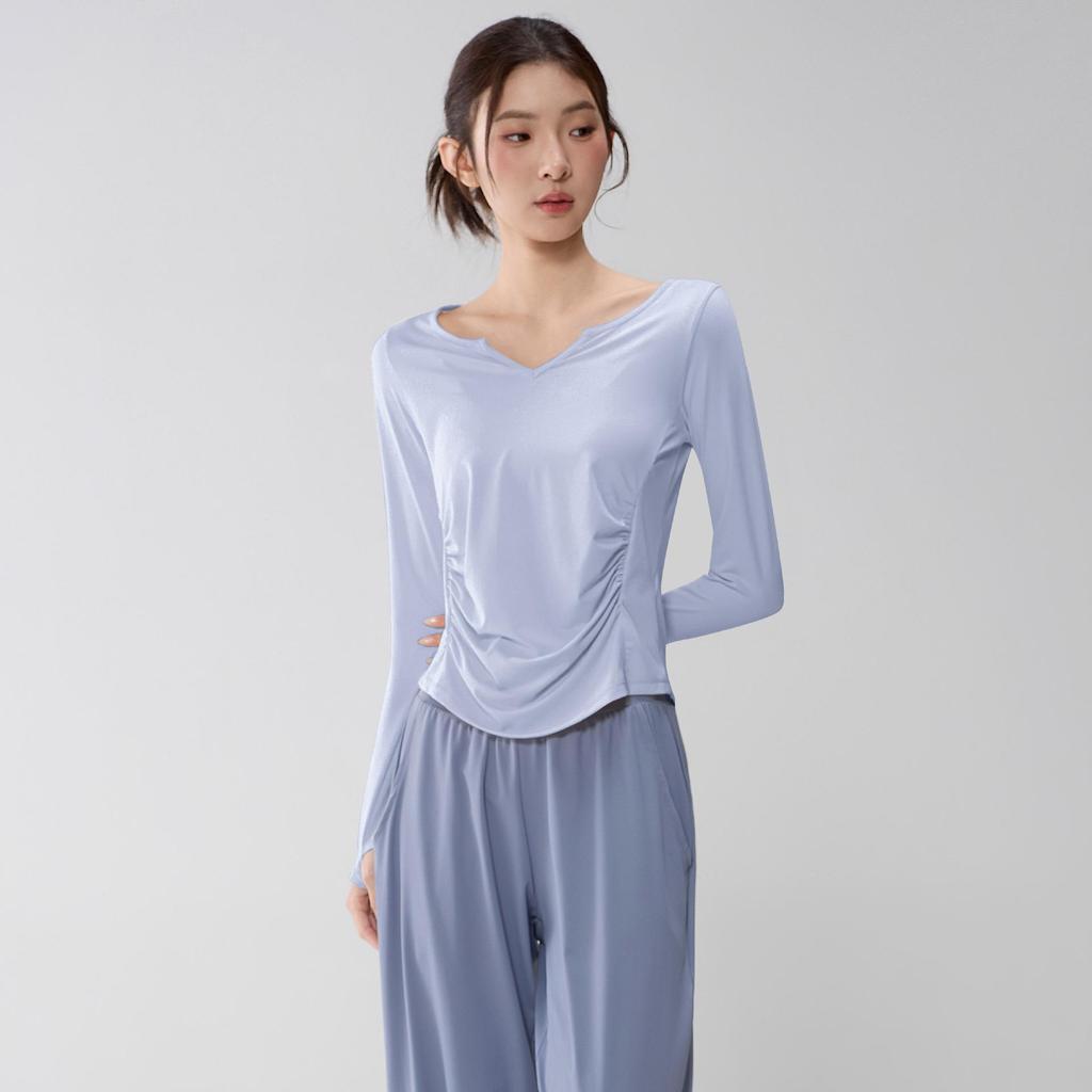 Women's V-Neck Yoga Suit: Loose, Quick-Dry, Long Sleeve for Casual Sports and Pilates Training