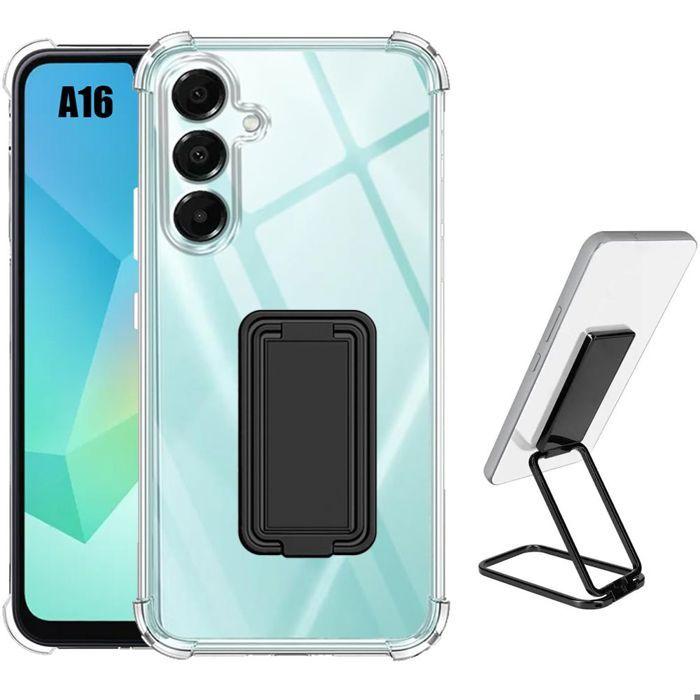 Coque pour samsung galaxy a16 5g/4g, silicone transparent avec support noir - booling®