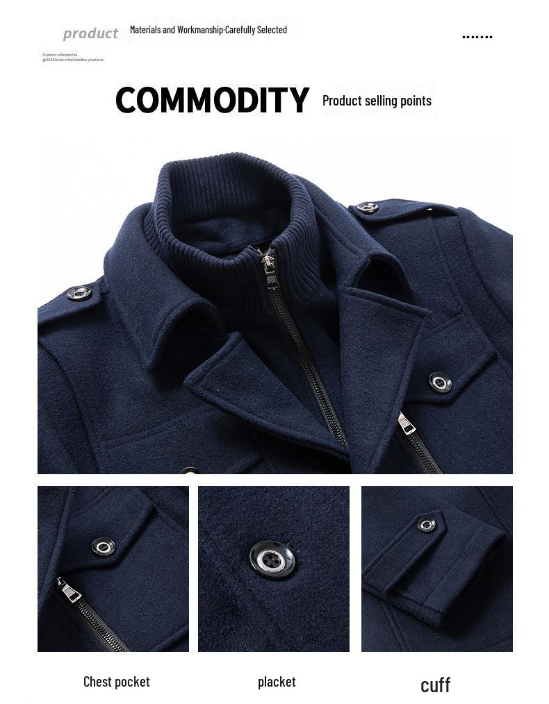 Men's Double Collar Woolen Coat: Autumn/Winter Business Style for Middle-Aged Men