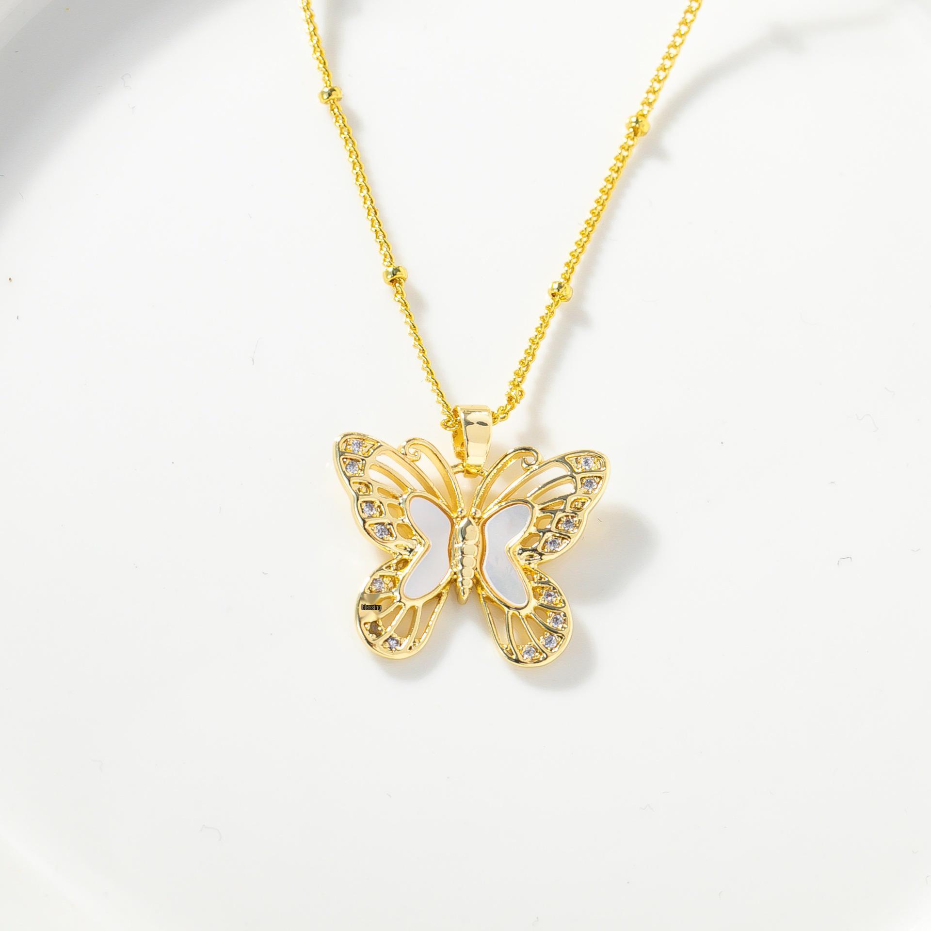 Women s Cross Butterfly Necklace, Natural White Mother-of-Pearl, Micro-Inlaid Clavicle Chain, Hollow Design Jewelry золотой