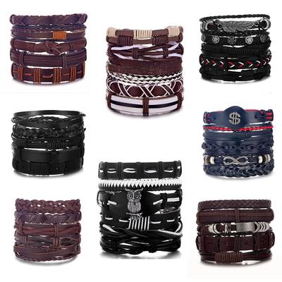 Punk Men Bracelet Multi-layer Leaf Feather PU Leather Handmade Trend Bangle Bracelet Set Jewelry