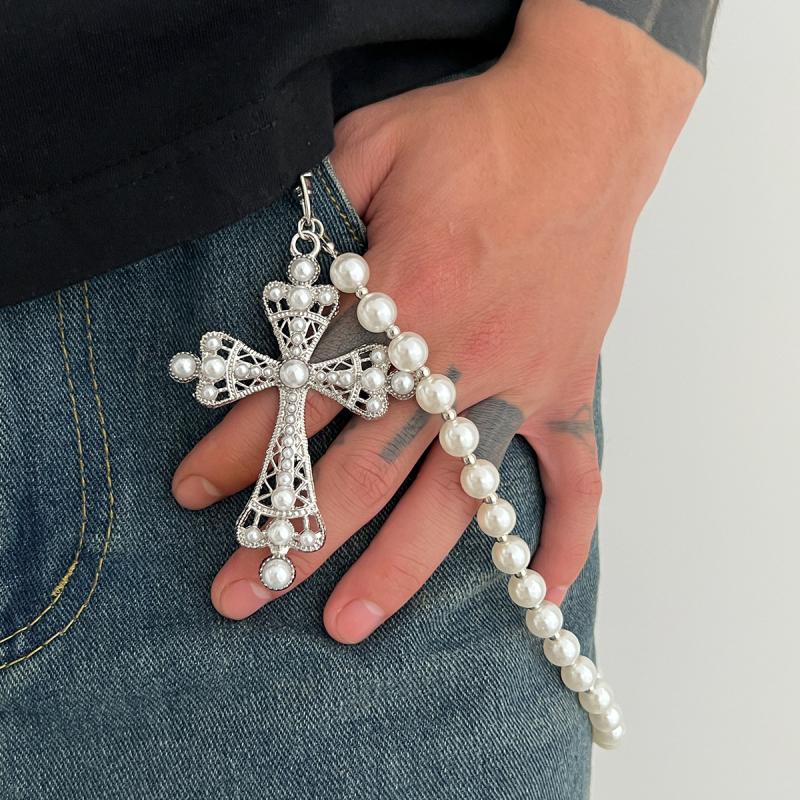 Fashion Punk Cross Imitation Pearl Pendant Jeans Chain Men Hiphop Rock Pants Waist Belt Wallet Bag Chain Jewelry Accessories
