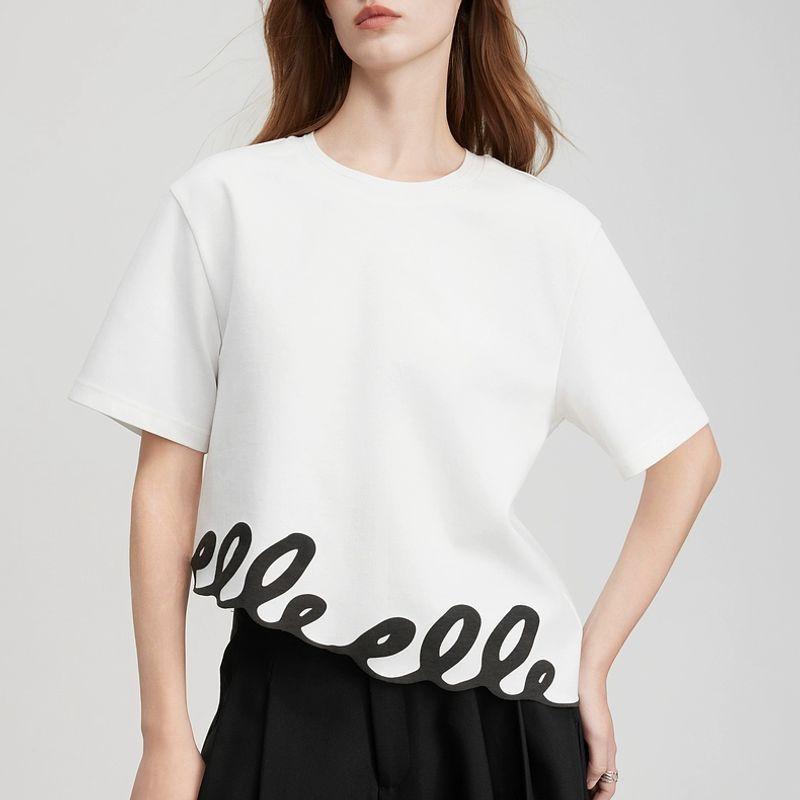 

Hanfu French style Modern Irregular Print round Neck T-shirt Women 2025 Summer New Design Sense Loose Short sleeve Top White S