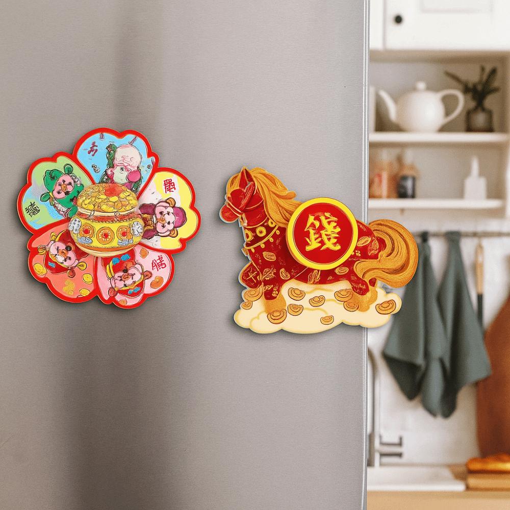 3D rotierende Kühlschrankmagnete Cartoon Chinesischer Stil Pferdejahr Kühlschrankmagnete Gott des Reichtums Dekorative Glücksbringer Magnetischer Aufkleber