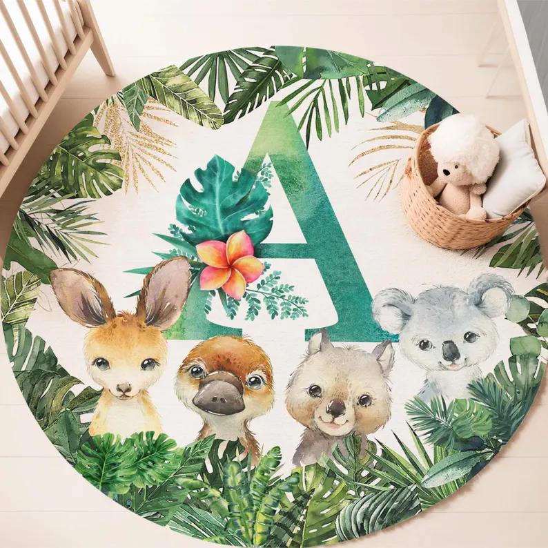 Boho Safari Animal Round Rug Autumn Forest Friends Floor Mat  Non-slip Carpet Wild Jungle Kids Room Decor Ethnic Baby Gift