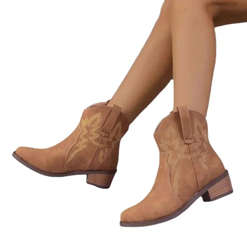 Women's Retro Embroidery Western Boots  Autumn Winter PU Leather Cowboy Boots Female Thick Heels Pointed Toe Mid-Calf Botas 2024