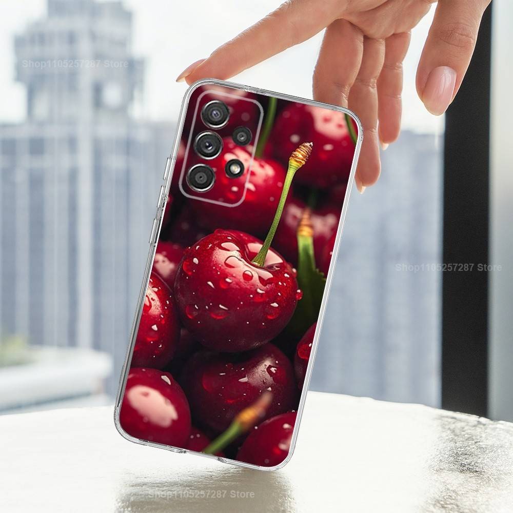 Fruit Tasty Cherry Phone For Samsung A30,71,51,S20,10,9,Ultra,FE,Lite, S21,23,22,PIus,Transparent, Silicone Case