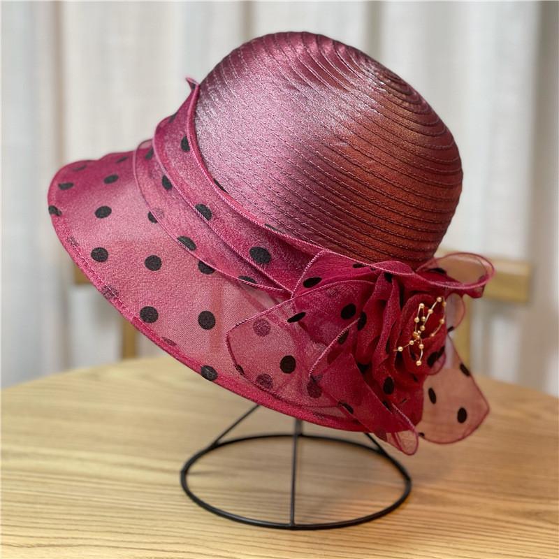 

Top Womens French Hat British Flower Socialite Hat Polka Point Style Elegant WineRed