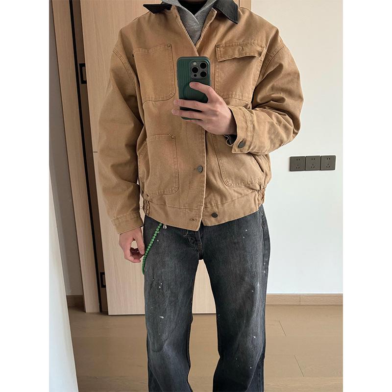 

HermitCreate Men s Retro Barn Style Patchwork Jacket - Leather Collar, Short Workwear for Spring/Autumn XL хакі