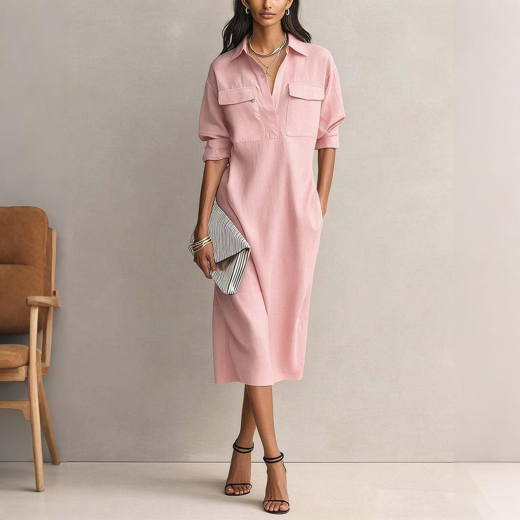 Abito casual da donna con bottoni frontali e doppie tasche sul petto, misto lino, lunghezza midi, vestibilità rilassata, abito camicia per l'uso quotidiano