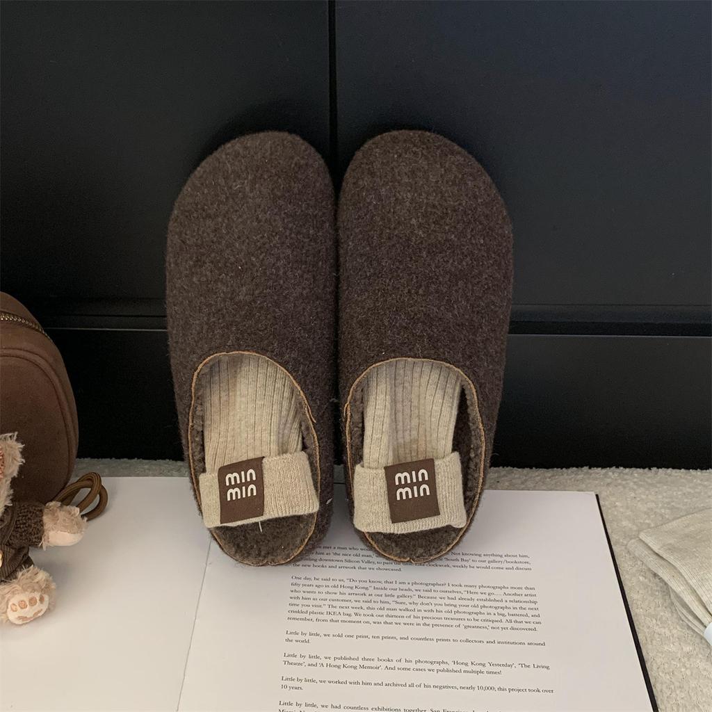 Fleece Birkenstocks women's thick-soled half-towed fluffy slippers women wear a pedal bag head towing
