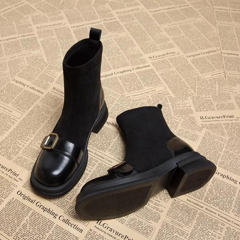 

Зима 2024 года, новые женские ботильоны, модные женские хлопковые короткие ботильоны с круглым носком, элегантная женская обувь на плоском квадратном каблуке 36 чёрный