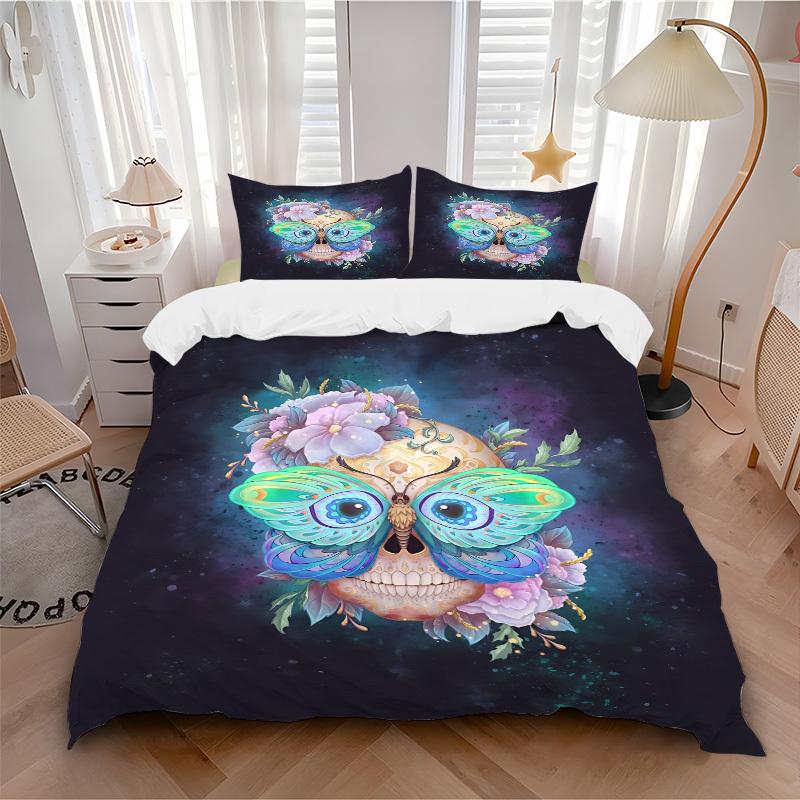 

3pcs Butterfly Skull 1Cover + 2Pillowcases, PillowInserts NotIncluded, Machine Washable, All - Season Use, Suitable for Bedroom Guest Room97 135x200cm