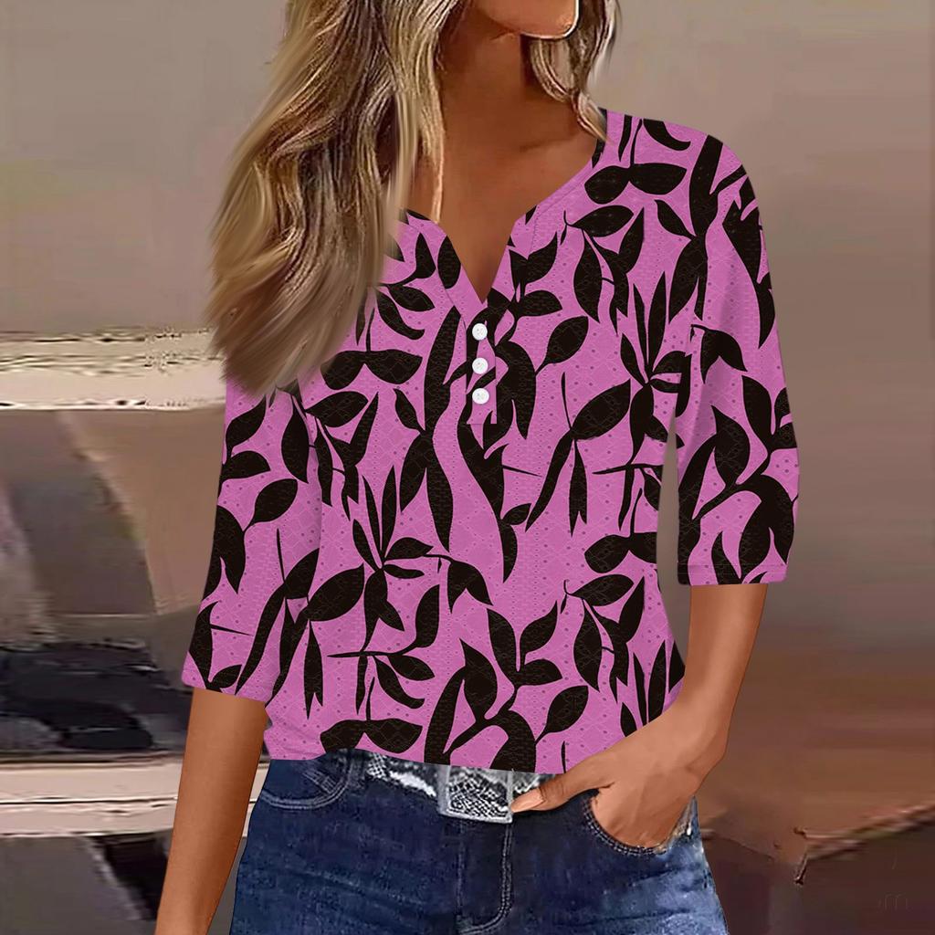 Women's T Shirt Tee Print Button  3/4 SleeveDaily Weekend Fashion Basic V- Neck Regular Top