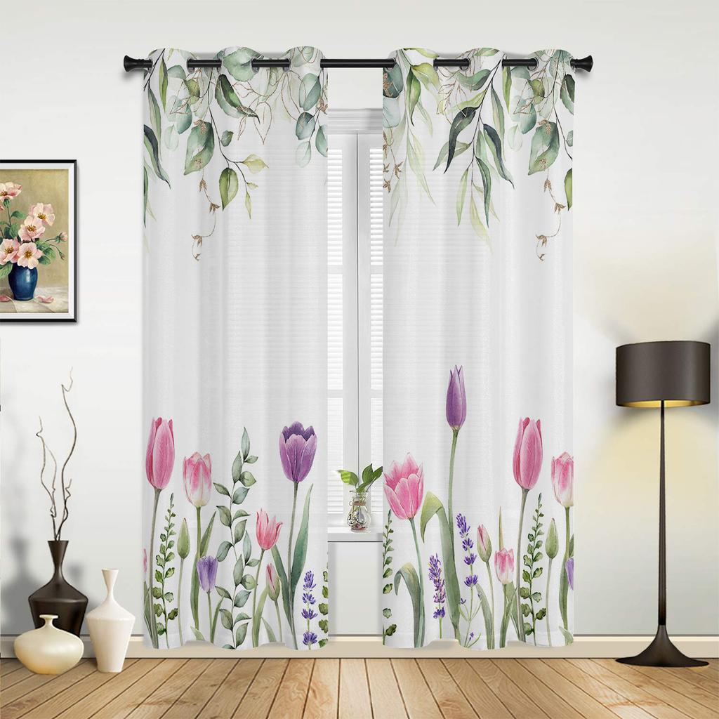 Spring Tulip Flower Plants Window Curtain Living Room Luxury Valance Curtain for Bedroom Home Kitchen Decor Curtain