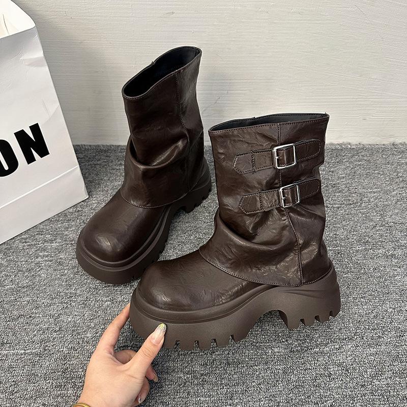 

Black slim high-end Martin boots for women 2025 new autumn thick-soled heightening retro British short boots for women 39 коричневый