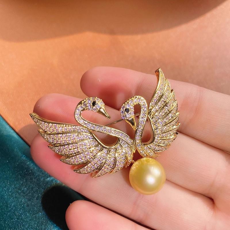 

Изысканная брошь «Двойной лебедь» с полным бриллиантом для женщин, модный и элегантный дизайн с жемчугом, булавка для костюма золотой