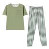 Spring and Autumn Pajamas Women's Short-sleeved Trousers Set Summer Loungewear Cotton Casual Style Simple Plaid Pants Can Be Worn Outside