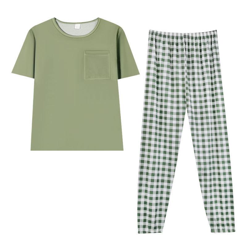 Spring and Autumn Pajamas Women's Short-sleeved Trousers Set Summer Loungewear Cotton Casual Style Simple Plaid Pants Can Be Worn Outside