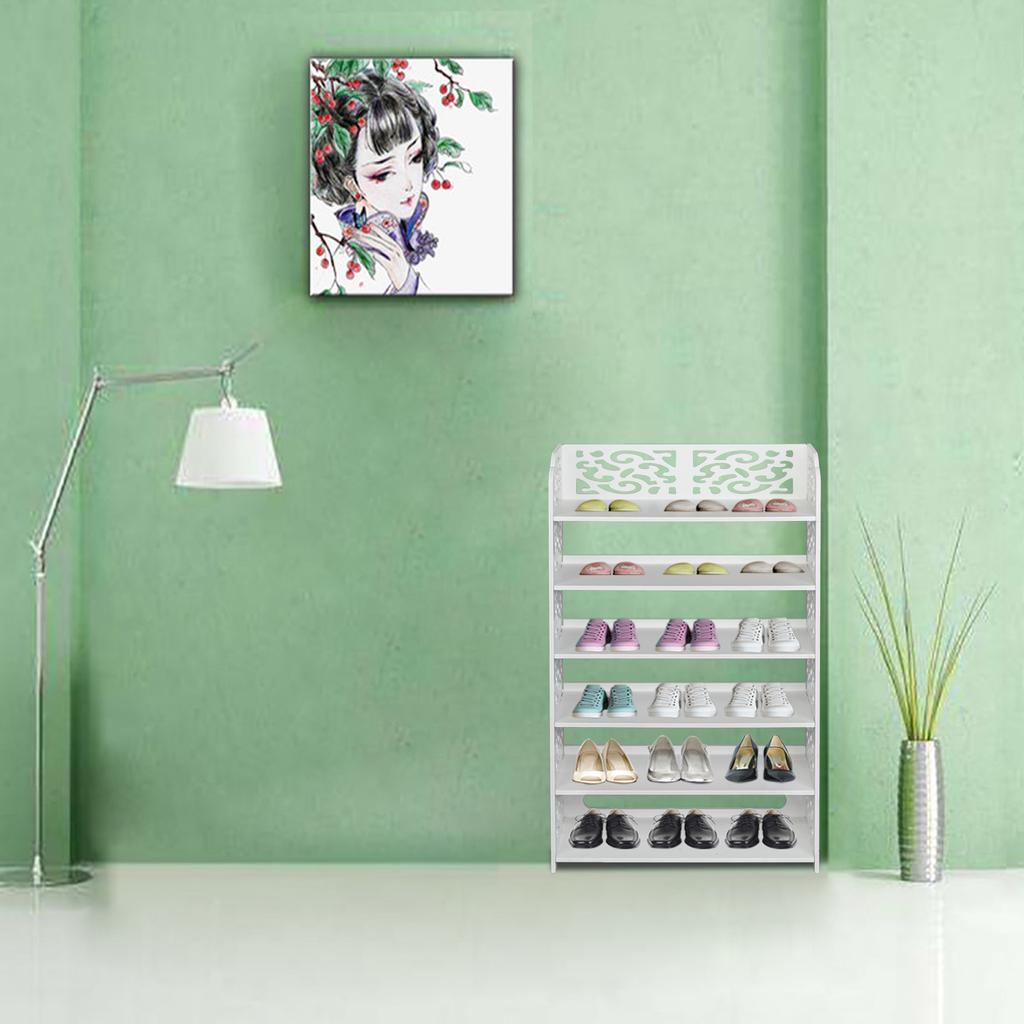 Wood-plastic Board Six Tiers Carved Shoe Rack White B Living Room Furniture