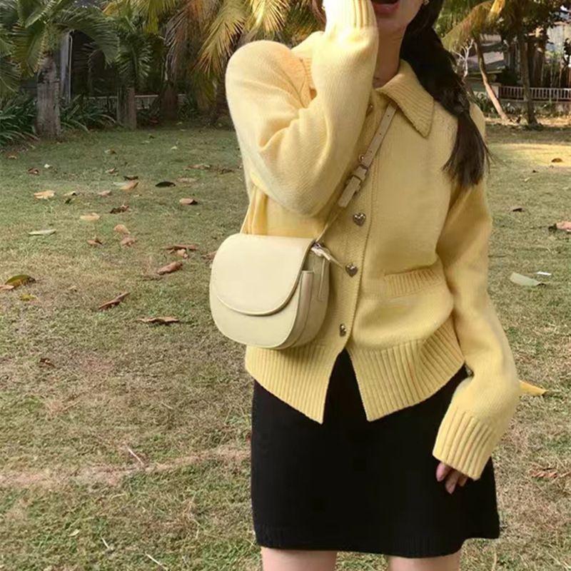 Cardigan Høst/Vinter Løs Polo Krage Liten Duftende Myk Glutinous Genser Strikket Cardigan Dame Design Sense Genser Topp