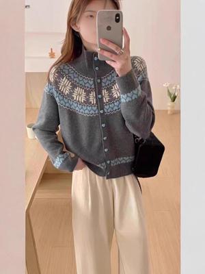 Women's Color Block Jacquard Knit Cardigan - Loose-Fit, Short, Korean Style, Autumn/Winter Sweater Coat.