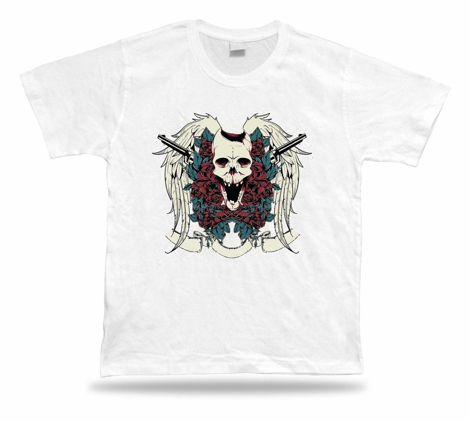 Tshirt Tee Shirt Birthday Gift Idea Skull and Guns Creepy Rose Emblam Classic S