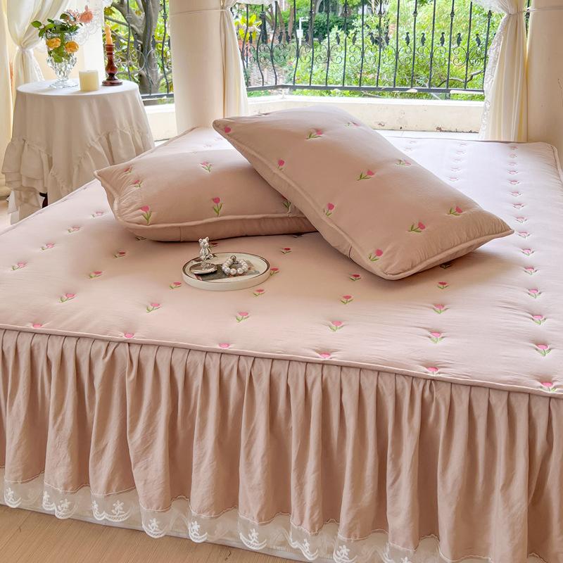 Pink Mattress Cover for Girls Room Bedcover Lace Bed Skirt Embroidered Style Fitted Sheet (Pillowcase Need Order)