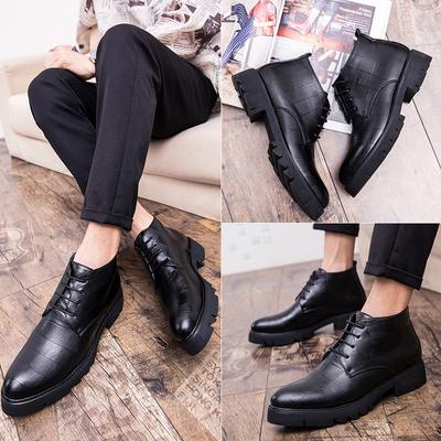 High Top Lace-Up Black Leather Boots Fashion Dress Leather Shoes Men's Pointed Martin Boots