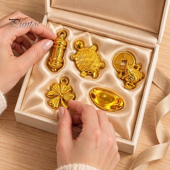 Polished Golden Charm 5Pcs Turtle Set, Four-Leaf Clover Ingot Prayer Wheel Money Frog Good Luck Symbolic Charm, Symbolizes Fortune & Wealth,