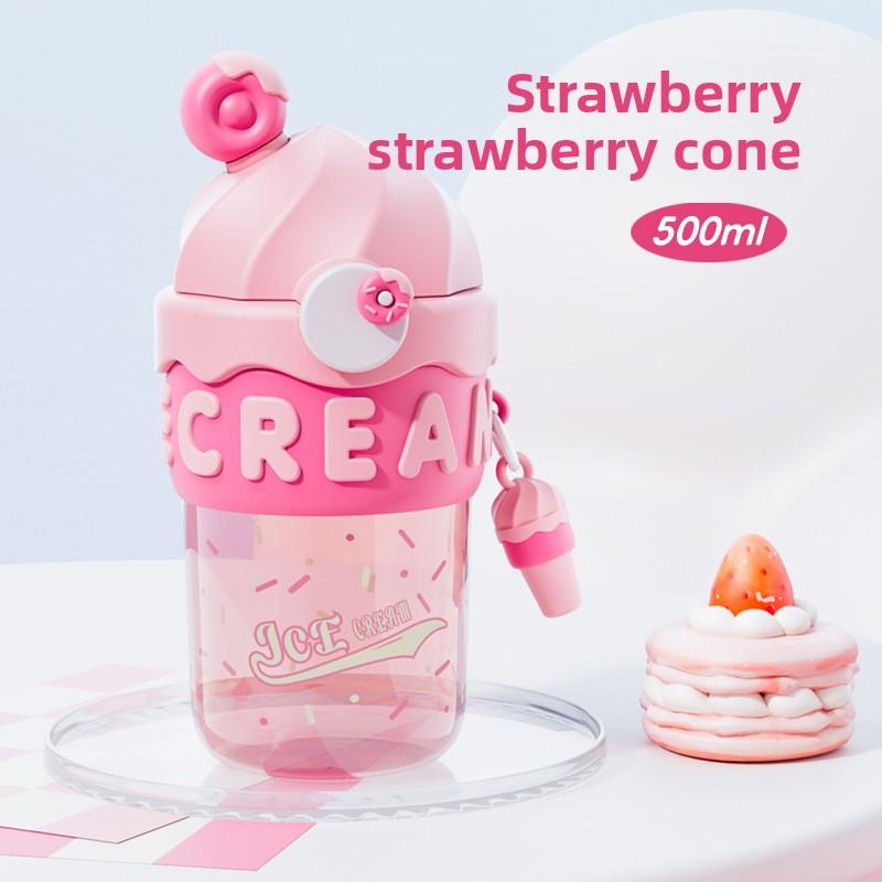 Cute Cartoon Plastic Water Cup, Double-drinking Straw Cup for Female Office Workers, Ice Cream Space Cup