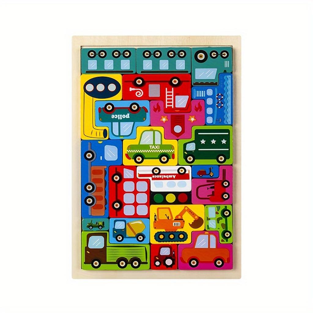 Children's Wooden 3D Puzzle Set, Educational Animal, Ocean, People And Transportation Themes, Mixed Color Wooden Toy Building Block Gift Set