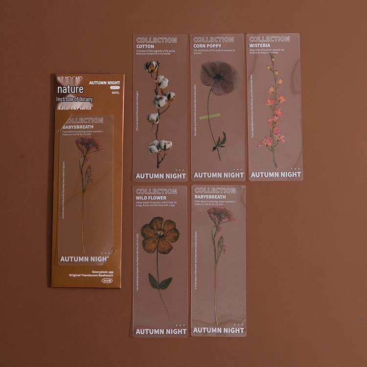 Momo Dried Flower Bookmark Set: 6 Translucent PET Designs for Journals & Books
