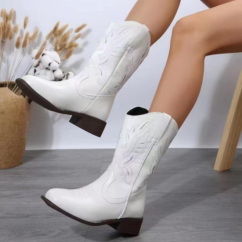 Damen Herbst-Winter Bestickte Mittellange Mode-Stiefel, Retro-Stil, Blockabsatz Langstiefel.
