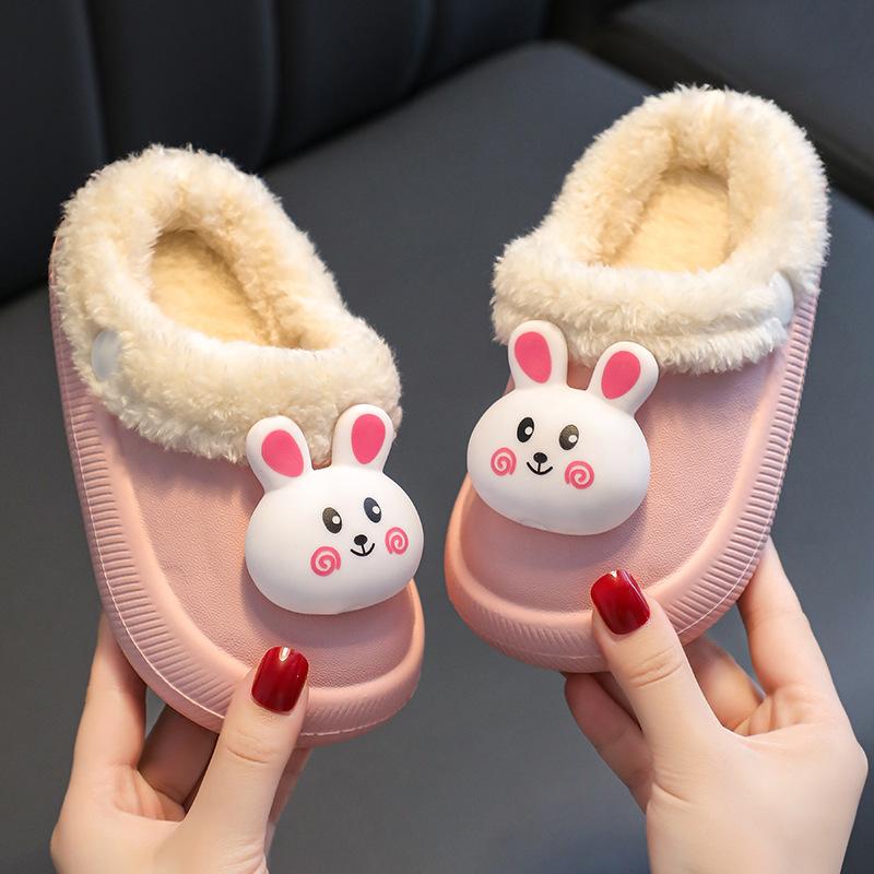 Baumwoll-Hasenpantoffeln für Kinder für drinnen, warme Plüschpantoffeln für Mädchen, niedliche, rutschfeste, wasserdichte Schuhe für den Heimgebrauch im Winter