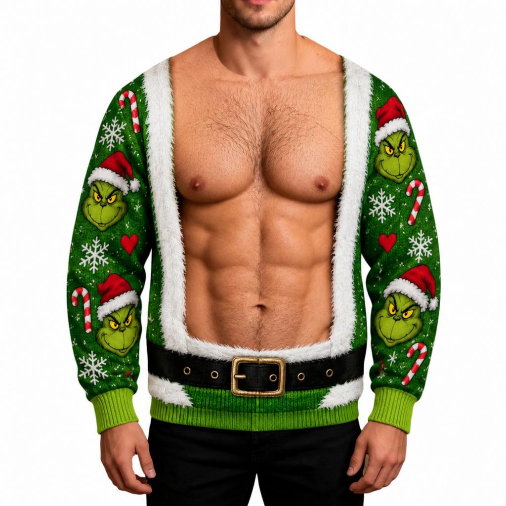 Men's Christmas Print Round Neck Knit Sweater Long Sleeve Pullover for Fall Winter