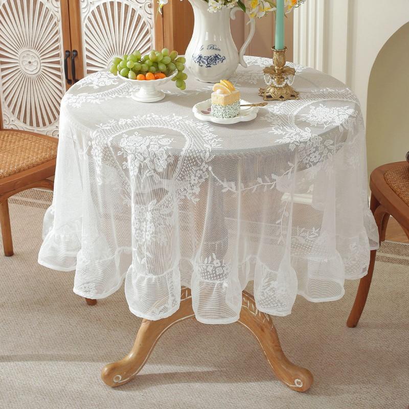 Lace Round Tablecloth With Ruffled Hem French Style Vintage Dining Table Cover Breathable Dustproof Decorative Mat