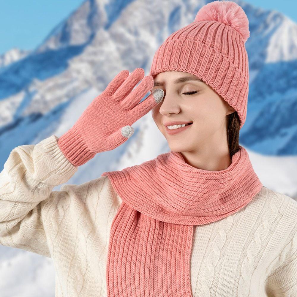 3Pcs/Set Ear Protection Knitted Hat Soft Winter Warm Mitten Winter Beanie Cap Scarf  Outdoor