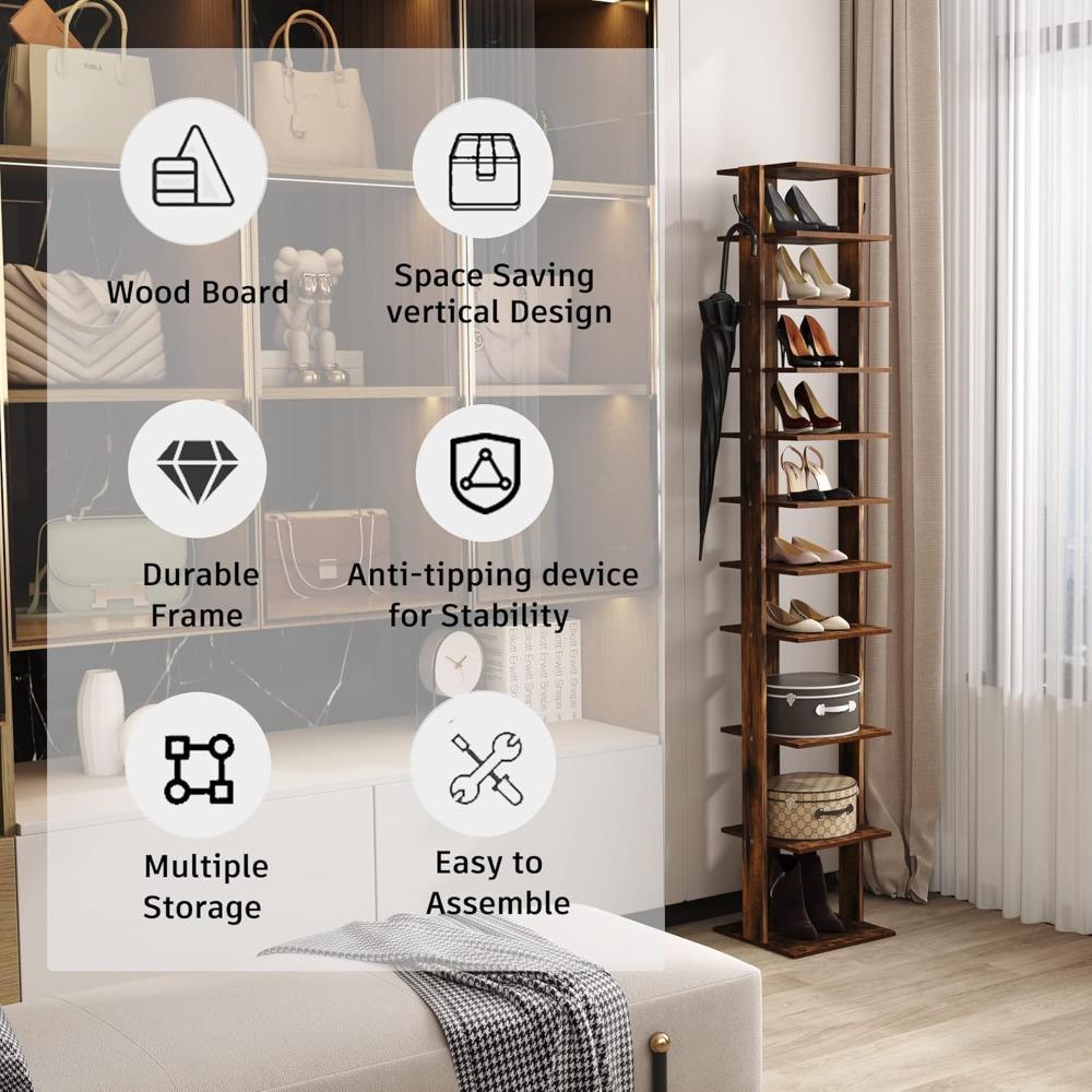 10-Tier Vertical Shoe Rack, Corner Shoe Tower, Slim Shoe Organizer with Two Hanging Hooks, Wooden Shoe Storage Stand forEntryway