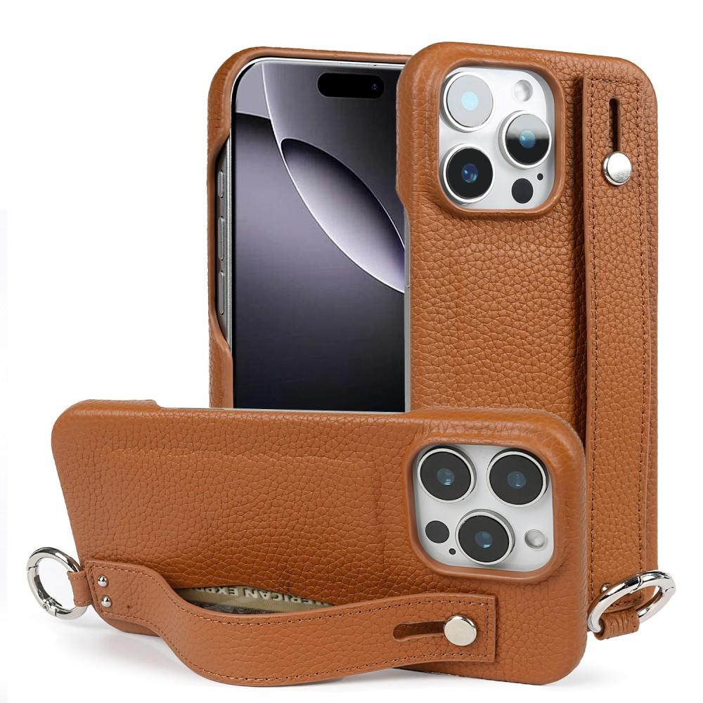 Premium Genuine Leather Case For iPhone 16 Pro Max Phone Cases 15Pro 14 13 12 11 Wristband Strap Bracket Back Card Holder Cover