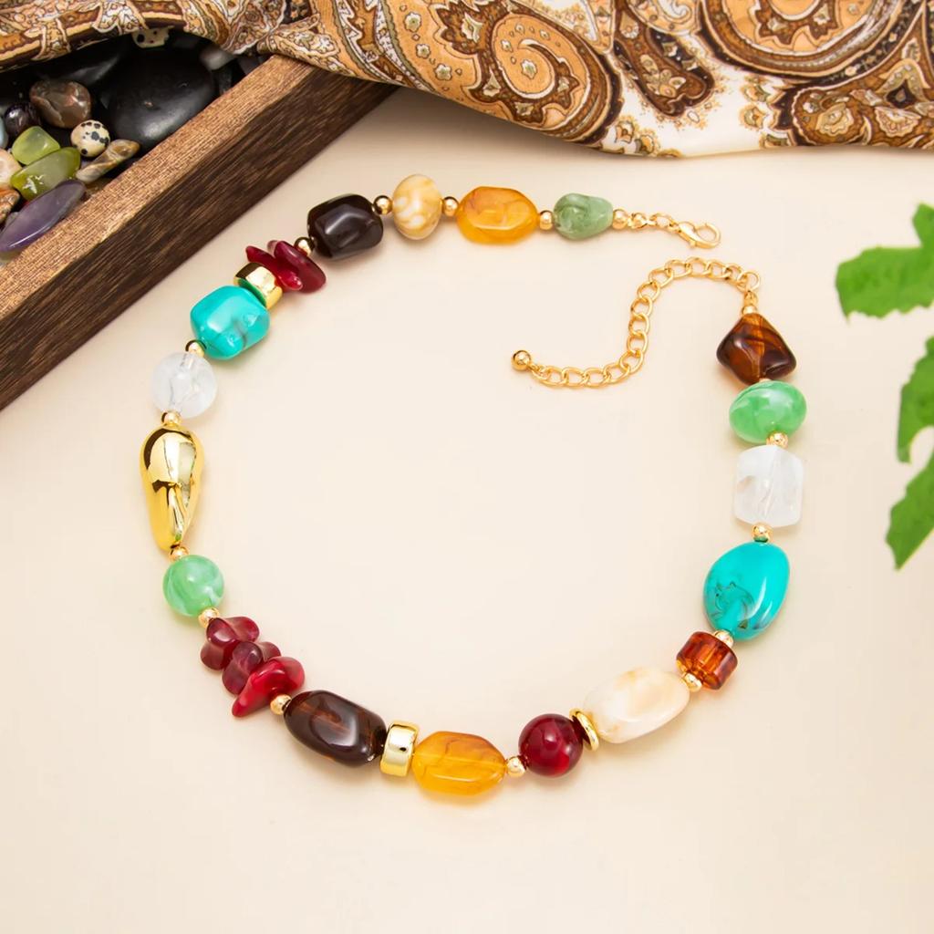 Colorful Beaded Necklace for Women, Multi-Color Irregular Resin Beads Choker, Bohemian Statement Jewelry