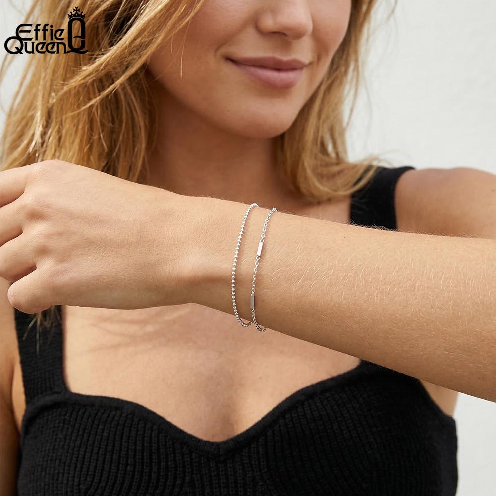 EFFIE QUEEN 925 Sterling Silver Women Layered Chain Bracelet 1MM Ball Beads Link Stackable 2 Layers Bracelet Gift Jewelry SB219
