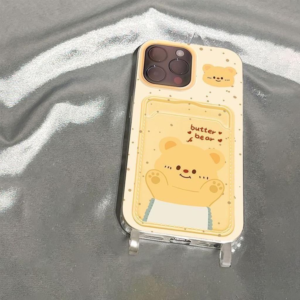 Lanyard Card Holder Mobile Phone Case Yellow Bear Big Hole Cartoon Cute Ins Style High-end Protective Cover Colorful Mobile Phone Case