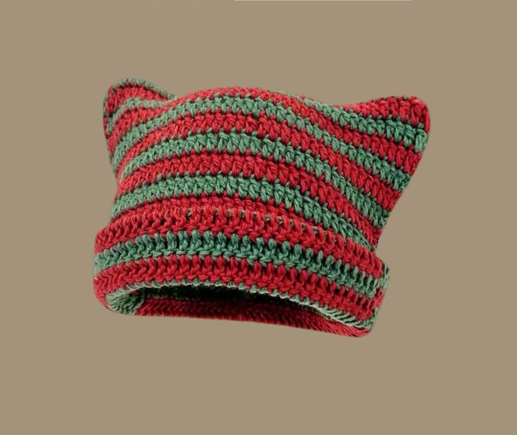 Women's Cute Japanese Cat Ear Wool Hat - Warm & Versatile for Autumn/Winter, Striped, Couple's Pullover Style.