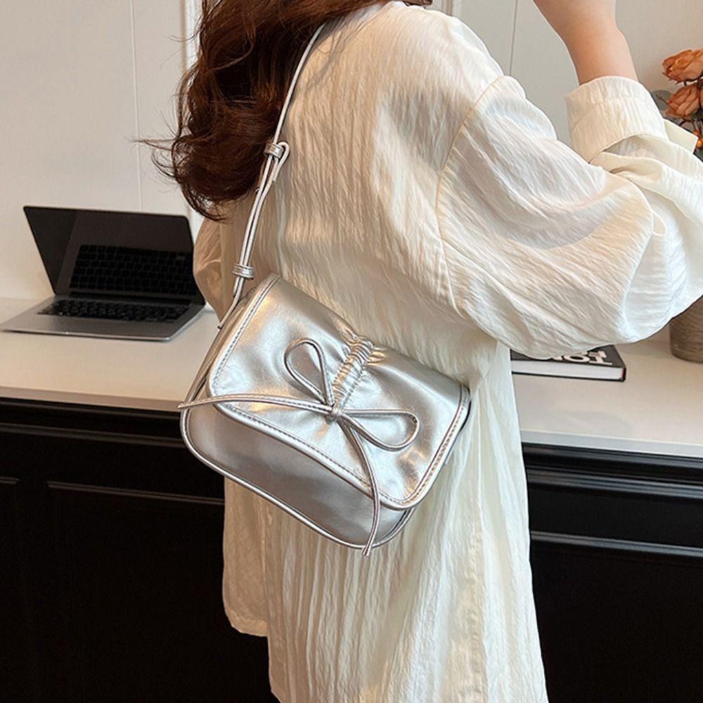 

PU Leather Bowknot Crossbody Bag Korean Style French Shoulder Bag Simple Y2K Underarm Bag Women