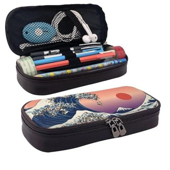 Shiba Inu Kanagawa Oki Nami Ura Pen Case Pencil Holder Large Capacity Box Multifunctional Stylish Leather Pouch Boys Girls Children Simple Tool High