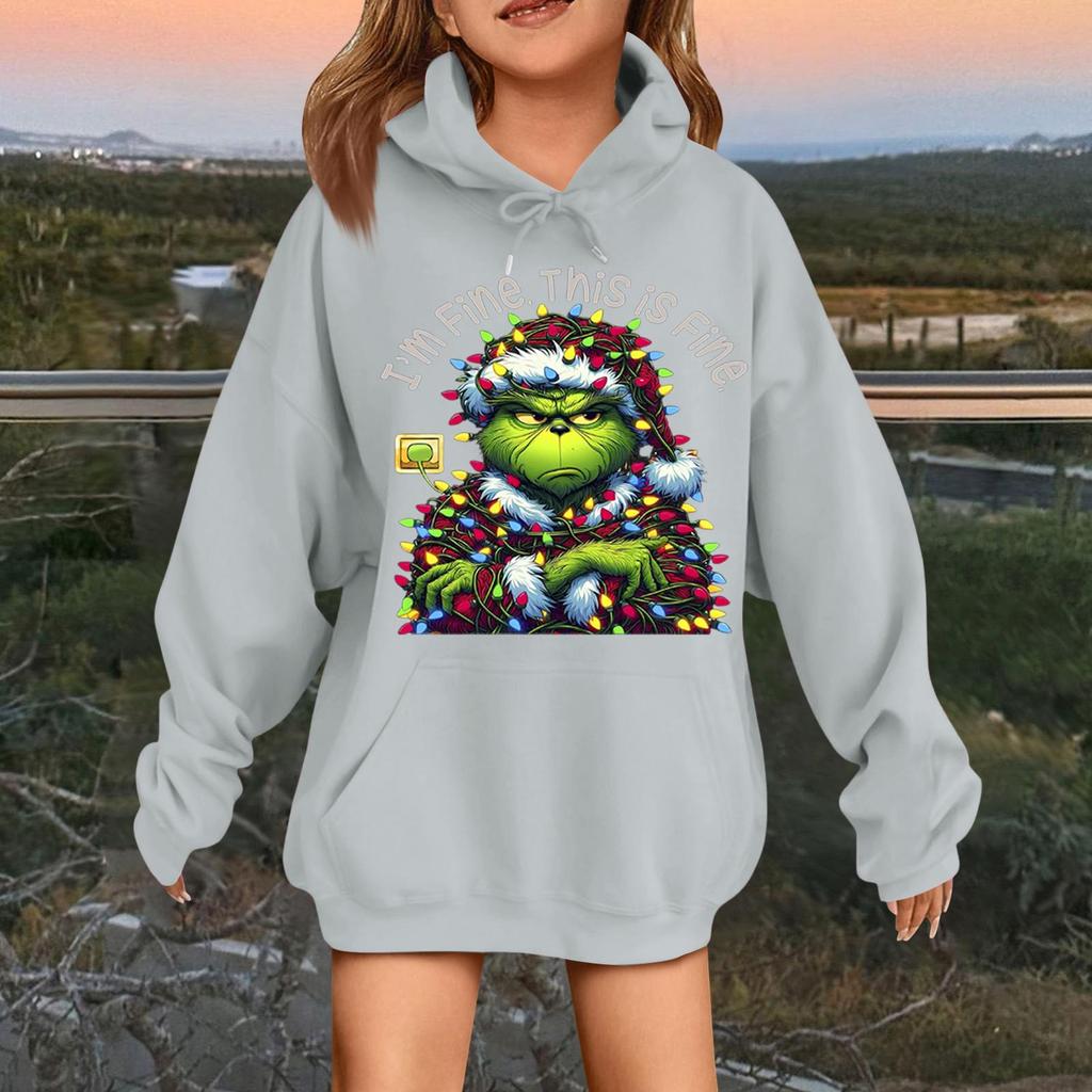 Dětská módní ležérní mikina s dlouhým rukávem, volná, s vánočním potiskem, pulovr s kapucí